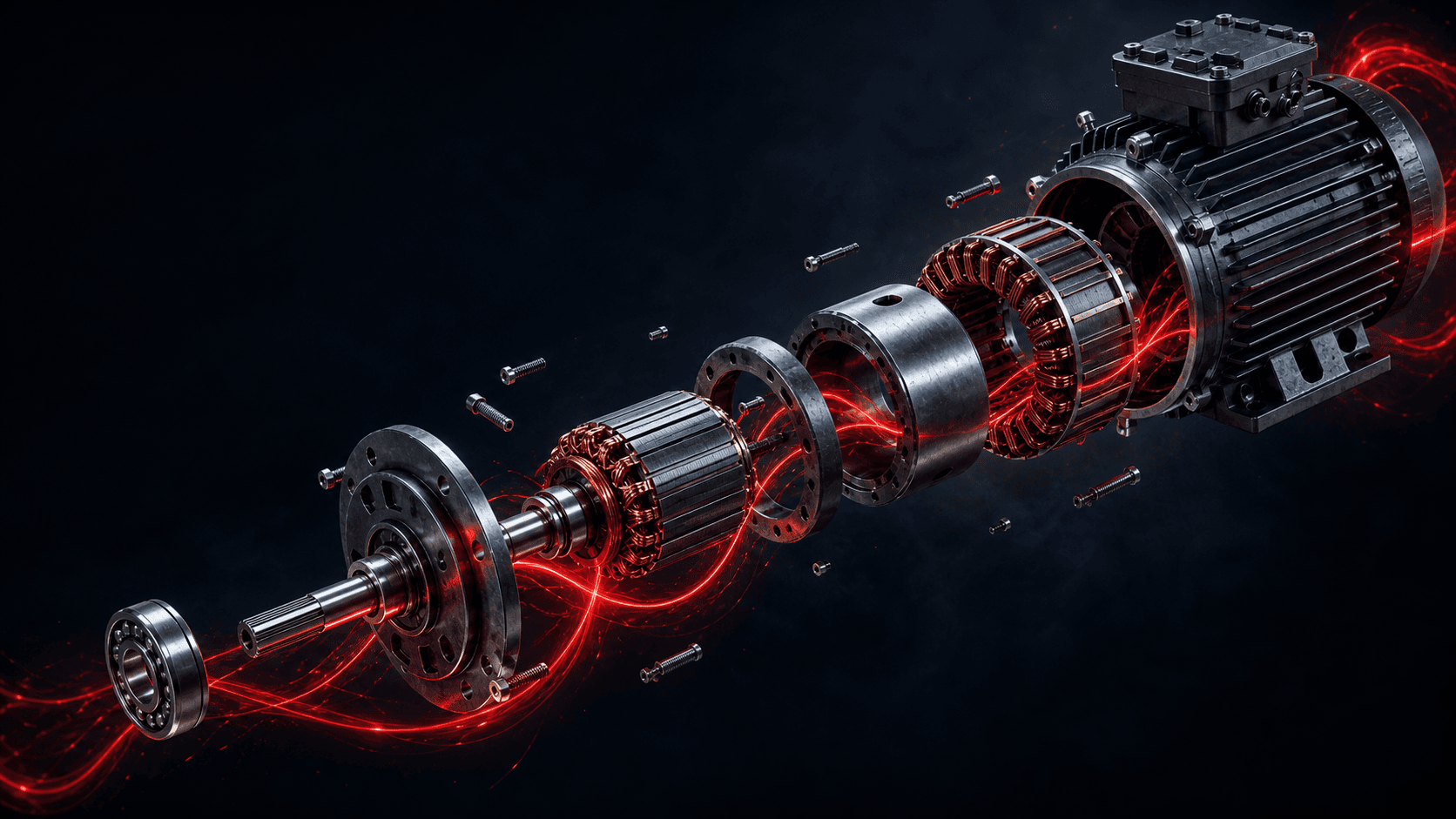 Exploded industrial electric motor with separated precision components and red energy trails