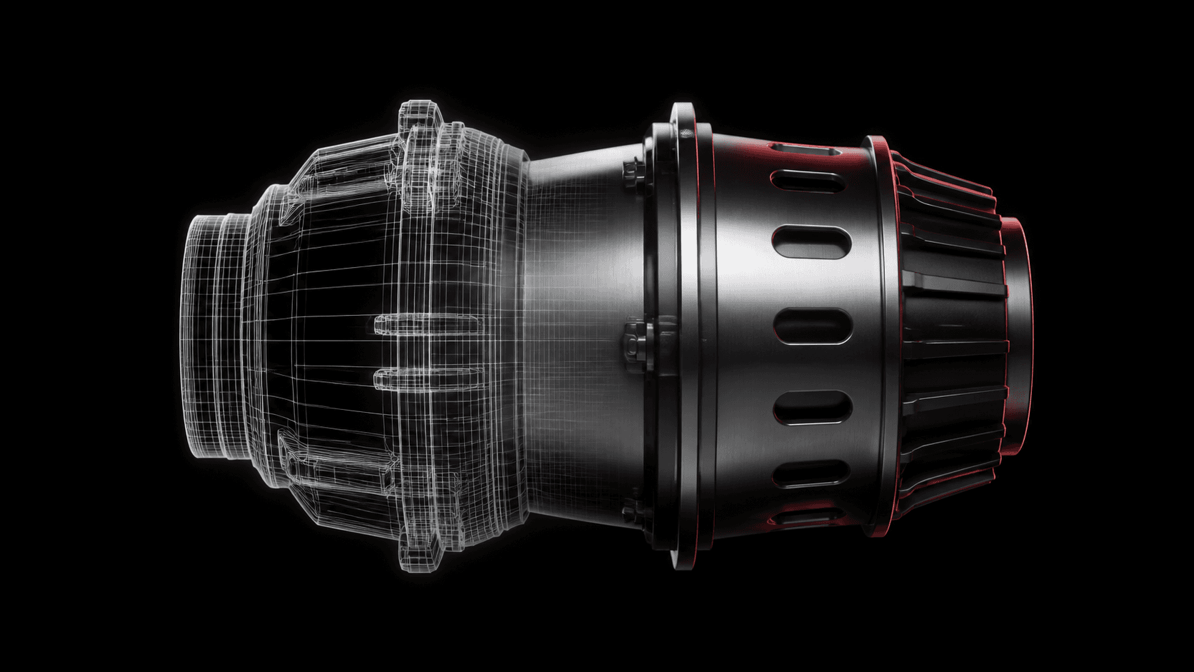 Industrial component transitioning from a technical wireframe into a finished metal render